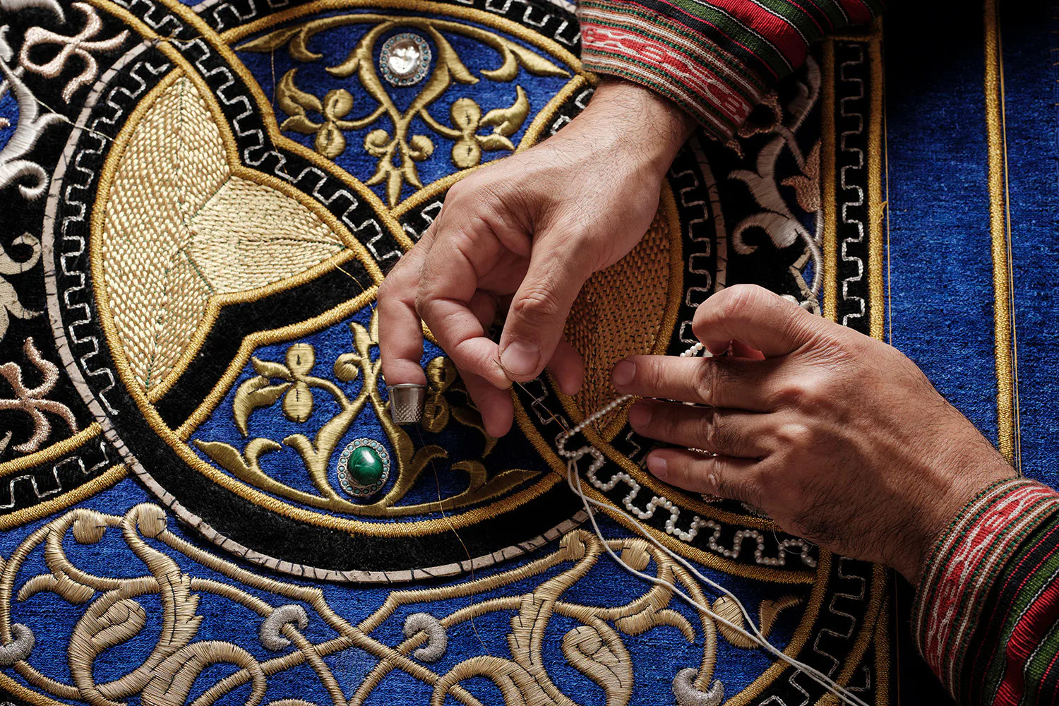 Nodir Rasulov's intricate gold thread embroidery work (courtesy of Homo Faber).