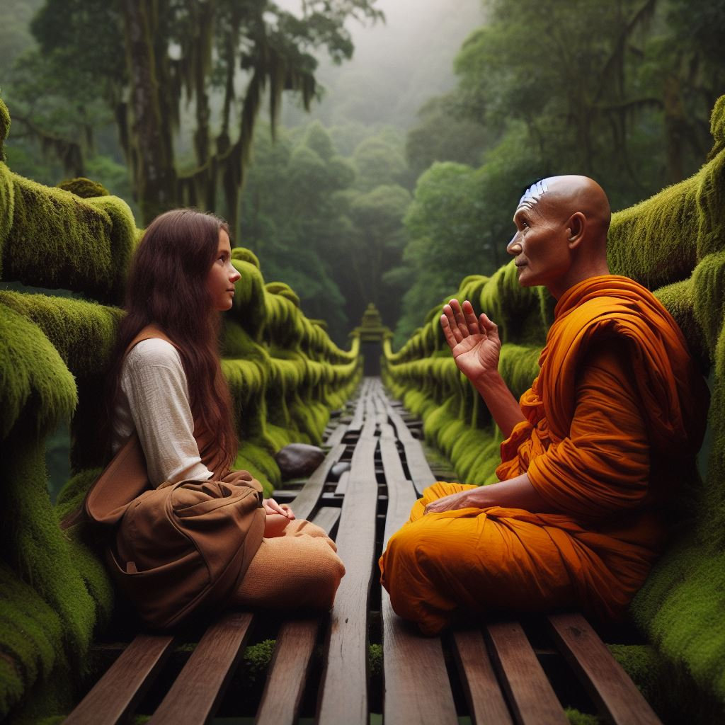On a moss-covered bridge, Sarah encounters a meditating monk.